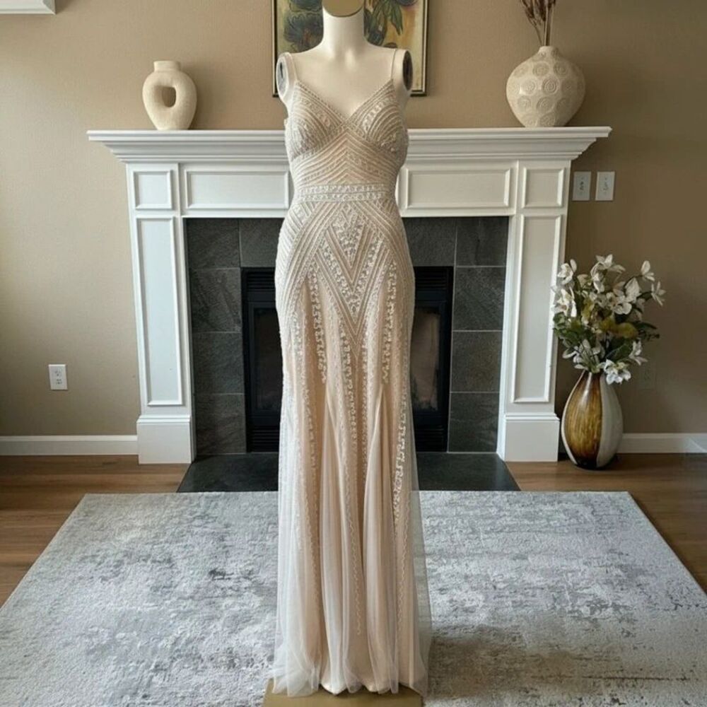 Marina Nude Gray Sequin Beaded Mermaid Formal Prom Gown Dress Size 4 NWT $299